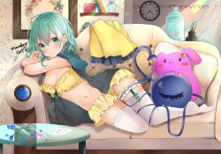 Rule 34 | 1girl, blush, breasts, bridal garter, camisole, cleavage, clock, closed eyes, commentary request, couch, drawing (object), full body, green eyes, green hair, hair between eyes, heart, heart-shaped pupils, heart of string, hood, hooded jacket, indoors, jacket, jacket on shoulders, komeiji koishi, looking at viewer, lying, medium breasts, medium hair, natsuki (ukiwakudasai), navel, on couch, on side, solo, stuffed animal, stuffed rabbit, stuffed toy, symbol-shaped pupils, thighhighs, third eye, touhou, unworn shirt, white thighhighs, yellow camisole