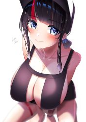 Rule 34 | 1girl, absurdres, bare shoulders, baseball cap, between legs, bikini, black bikini, black hair, blue eyes, blurry, blush, breasts, cleavage, closed mouth, collarbone, depth of field, fate/grand order, fate (series), from above, hand between legs, hat, highres, huge breasts, lee-taro, looking to the side, multicolored hair, sidelocks, signature, simple background, sitting, smile, solo, streaked hair, swimsuit, thigh strap, utsumi erice, utsumi erice (swimsuit avenger), v arms, white background