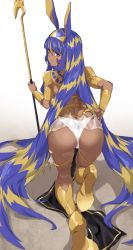 Rule 34 | 1girl, absurdly long hair, absurdres, animal ears, armlet, ass, blonde hair, blue hair, boots, bracer, closed mouth, dark-skinned female, dark skin, earrings, egyptian clothes, facial mark, fate/grand order, fate (series), from behind, hair between eyes, high heel boots, high heels, highres, holding, holding staff, hoop earrings, jackal ears, jewelry, kneepits, loincloth, long hair, looking back, multicolored hair, nitocris (fate), nitocris (third ascension) (fate), panties, pretty-purin720, purple eyes, see-through, smile, solo, staff, streaked hair, two-tone hair, underwear, usekh collar, very long hair, white panties