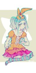 Rule 34 | 1girl, absurdres, aqua hair, closed mouth, collar, collared dress, dress, frilled dress, frills, green eyes, hat, high collar, highres, juvi rkgk, layered dress, looking at viewer, monogatari (series), multicolored clothes, multicolored dress, ononoki yotsugi, orange dress, parted bangs, puffy sleeves, seiza, sidelocks, sitting, solo, striped clothes, striped thighhighs, thick eyebrows, thighhighs, twintails, two-tone legwear, v, v-shaped eyebrows