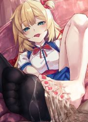 Rule 34 | 1girl, akai haato, akai haato (1st costume), blonde hair, blue eyes, blush, breasts, censored, cum, cum on body, cum on feet, cum on lower body, erection, feet, footjob, foreshortening, haaton (akai haato), highres, hololive, large breasts, long hair, looking at viewer, male pubic hair, mosaic censoring, nail polish, open mouth, penis, pubic hair, skirt, smile, soles, solo focus, suujiniku, thighhighs, tongue, tongue out, virtual youtuber