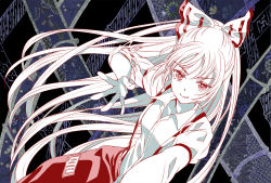 Rule 34 | 1girl, arm at side, bow, closed mouth, collared shirt, commentary, cowboy shot, dutch angle, eyebrows hidden by hair, fujiwara no mokou, hair bow, hand up, kyuu umi, long hair, long sleeves, looking at viewer, ofuda, ofuda on clothes, open hand, pants, ponytail, shirt, smile, solo, suspenders, torn clothes, torn sleeves, touhou, v-shaped eyebrows, very long hair