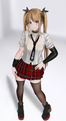 Rule 34 | 1girl, aruman, bad id, bad pixiv id, black necktie, black ribbon, black thighhighs, blonde hair, blue eyes, blush, breast pocket, choker, collarbone, commentary request, contrapposto, dead or alive, dead or alive 5, detached sleeves, dress shirt, eyeshadow, fishnet thighhighs, fishnets, hair ornament, hair ribbon, hand on own hip, highleg, highres, long hair, looking at viewer, loose necktie, makeup, marie rose, nail polish, necktie, open collar, plaid, plaid skirt, pleated skirt, pocket, red skirt, ribbon, shirt, shoes, short sleeves, sidelocks, skirt, smile, solo, standing, thighhighs, twintails, white shirt, wing collar, x hair ornament