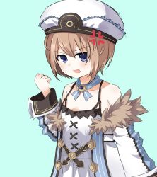 Rule 34 | 10s, 1girl, anger vein, bad id, bad link, bad twitter id, bare shoulders, blanc (neptunia), blue eyes, blush, brown hair, buran buta, clenched hand, hat, highres, neptune (series), open mouth, short hair, solo