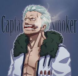 Rule 34 | 1boy, abs, beard stubble, black eyes, character name, cigar, corey miller, english text, facial hair, fur-trimmed jacket, fur trim, grey hair, jacket, male focus, mouth hold, one piece, open clothes, open mouth, short hair, smoke, smoker (one piece), smoking, solo, stubble, teeth