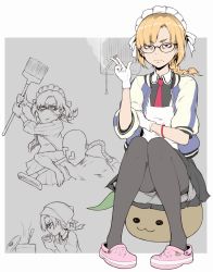 Rule 34 | 1boy, 1girl, black skirt, blonde hair, braid, broom, cigarette, closed mouth, crocs, earrings, eyebrows, faceless, faceless male, glasses, gloves, highres, holding, holding broom, holding cigarette, ina (gokihoihoi), jewelry, looking at viewer, maid, maid day, maid headdress, mole, mole under mouth, necktie, original, parted bangs, pink footwear, pleated skirt, red neckwear, short sleeves, single braid, sitting, skirt, smoking, vacuum cleaner, white gloves