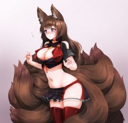 Rule 34 | 1girl, adapted costume, amagi (azur lane), amagi (kancolle), amagi (kantai collection) (cosplay), animal ear fluff, animal ears, azur lane, barbariank, bare shoulders, bell, blunt bangs, blush, breasts, brown hair, choker, cleavage, commentary, cosplay, english commentary, fluffy, flying sweatdrops, fox ears, fox girl, fox tail, gradient background, hair ornament, hip vent, jingle bell, kantai collection, kitsune, large breasts, large tail, long hair, multiple tails, name connection, navel, neck bell, nose blush, pleated skirt, purple eyes, simple background, skirt, solo, stomach, tail