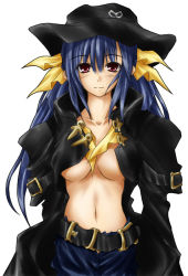 Rule 34 | 1girl, arc system works, belt, blue hair, bow, breasts, buckle, coat, cosplay, dizzy (guilty gear), guilty gear, guilty gear x, guilty gear xx, hair bow, hamu (moeyobaka), hat, johnny (cosplay), johnny (guilty gear), johnny (guilty gear) (cosplay), long hair, midriff, navel, no bra, open clothes, open coat, open shirt, purple eyes, shirt, simple background, smile, solo, underboob