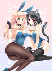 Rule 34 | 10s, 2girls, animal ears, aqua eyes, ascot, atago (kancolle), black gloves, black hair, black legwear, blonde hair, blush, breasts, brown legwear, cat ears, cat tail, cleavage, fake animal ears, gloves, heart, high heels, kantai collection, kittysuit, leotard, long hair, looking at viewer, multiple girls, nontraditional playboy bunny, open mouth, pantyhose, playboy bunny, rabbit ears, rabbit tail, red eyes, ribbon, rinka (yuyutei), short hair, smile, tail, tail ornament, tail ribbon, takao (kancolle), thighhighs, v arms, wrist cuffs