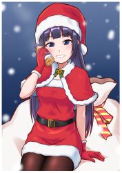 Rule 34 | 1girl, aoi ch., black hair, black pantyhose, blue eyes, bottle, capelet, christmas, commentary, dress, fuji aoi, fur-trimmed capelet, fur-trimmed dress, fur-trimmed gloves, fur trim, gloves, goriate, grin, half-closed eyes, hat, highres, holding, holding bottle, long hair, looking at viewer, mole, mole under eye, night, outdoors, pantyhose, red capelet, red dress, red gloves, red hat, sack, santa dress, santa gloves, santa hat, short dress, sitting, smile, snowing, solo, virtual youtuber