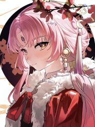 Rule 34 | 1girl, absurdres, blush, bow, chinese commentary, eamut1, flower, forehead jewel, from side, fu xuan (honkai: star rail), fur-trimmed jacket, fur trim, hair ornament, highres, honkai: star rail, honkai (series), jacket, long hair, looking at viewer, mole, mole on neck, nose blush, pink hair, portrait, red bow, snow, snow on body, snow on head, solo, tassel, tassel hair ornament, yellow eyes