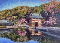 Rule 34 | architecture, building, east asian architecture, highres, lake, no humans, norako pastel, original, painting (medium), reflection, reflective water, scenery, signature, sunlight, traditional media, water, watercolor (medium)