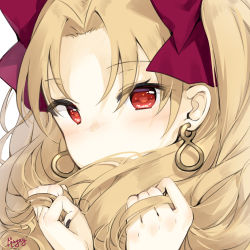 Rule 34 | 1girl, blonde hair, blush, bow, covered mouth, earrings, ereshkigal (fate), fate/grand order, fate (series), hair bow, hands up, infinity symbol, jewelry, long hair, looking at viewer, maya g, nose blush, parted bangs, purple bow, red eyes, signature, solo, white background