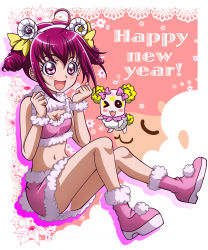 Rule 34 | 10s, 1girl, :d, ;d, bow, candy (smile precure!), chinese zodiac, creature, full body, hair bow, hairband, hanzou, happy new year, horns, hoshizora miyuki, new year, one eye closed, open mouth, panties, pantyshot, pink bow, pink eyes, pink hair, pink panties, pink skirt, precure, sheep horns, shoes, short hair, short twintails, sitting, skirt, smile, smile precure!, twintails, underwear, wool, year of the goat