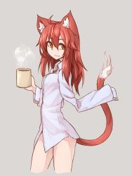 Rule 34 | 1girl, amputee, animal ears, cat ears, cat tail, cup, female focus, grey background, highres, messy hair, mug, no pants, original, red hair, ryota tentei, simple background, solo, tail