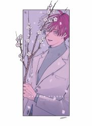 Rule 34 | 1boy, blue eyes, boku no hero academia, border, branch, cherry blossoms, confetti, dated, flower, foreground text, grey eyes, hair blowing, happy birthday, highres, holding, holding branch, jacket, male focus, multicolored hair, outside border, r-o-i, red hair, short hair, simple background, split-color hair, suit jacket, sweater, todoroki shouto, turtleneck, turtleneck sweater, twitter username, two-tone hair, white hair