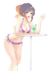 Rule 34 | 1girl, absurdres, arm support, bare arms, bikini, breasts, brown eyes, cleavage, drink, frilled bikini, frills, highres, hijiri byakuren, long hair, mayoln, medium breasts, multicolored hair, navel, smile, solo, swimsuit, touhou, transparent background, two-tone hair, white background
