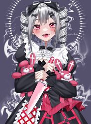 Rule 34 | 1girl, absurdres, blush, bow, breasts, buckle, cleavage, cleavage cutout, clothing cutout, cross, cross earrings, dress, drill hair, earrings, fangs, frilled shirt collar, frills, grey background, grey hair, hair bow, harness, heart, heart-shaped buckle, highres, holding, holding knife, holding stuffed toy, jewelry, juliet sleeves, knife, long hair, long sleeves, looking at viewer, medium breasts, neck ribbon, o-ring, open mouth, original, puffy sleeves, red eyes, ribbon, smile, solo, stuffed animal, stuffed rabbit, stuffed toy, twin drills, wanko (yurika0320)