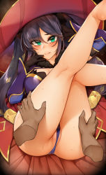 Rule 34 | 1girl, aqua eyes, ass, bababababan, bad id, bad pixiv id, bare legs, barefoot, black gloves, black hair, blush, breasts, genshin impact, gloves, hat, highres, long hair, looking at viewer, lying, mona (genshin impact), on back, partially visible vulva, sweat, twintails, witch hat