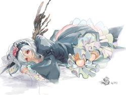 Rule 34 | 00s, 1girl, 8981, bad id, bad pixiv id, black wings, doll joints, dress, female focus, flower, frills, gothic lolita, hairband, joints, lolita fashion, long hair, lying, on side, red eyes, ribbon, rose, rozen maiden, silver hair, solo, suigintou, wings