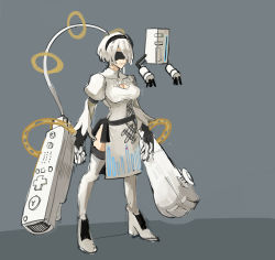 Rule 34 | 1girl, absurdres, black blindfold, blindfold, breasts, cleavage cutout, clothing cutout, controller, dress, full body, game console, game controller, grey background, hairband, highres, medium breasts, nier:automata, nier (series), pun, saiykik, short hair, side slit, sketch, solo, standing, thighhighs, white dress, white footwear, wii, wii remote, 2b (nier:automata)