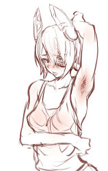 Rule 34 | 10s, 1girl, arm up, armpit hair, armpits, bad id, bad pixiv id, blush, breasts, eyepatch, headgear, kantai collection, monochrome, nbo, short hair, simple background, sketch, small breasts, solo, tank top, tenryuu (kancolle)