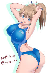 Rule 34 | 1girl, arm behind head, artist name, ass, blue eyes, blue one-piece swimsuit, breasts, brown hair, character name, collarbone, commentary request, competition swimsuit, cowboy shot, dated, covered erect nipples, from behind, intrepid (kancolle), kantai collection, large breasts, looking at viewer, looking back, moke ro, one-piece swimsuit, open mouth, ponytail, short hair, solo, swimsuit, twisted torso, tying