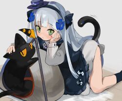 Rule 34 | 1girl, 416 day, animal, apron, black apron, black cat, black hairband, black socks, blush, cat, cat tail, chesed (uporyz), closed mouth, commentary request, dress, facial mark, frilled apron, frills, girls&#039; frontline, green eyes, grey background, hairband, hat, highres, hk416 (girls&#039; frontline), long hair, long sleeves, mini hat, orange eyes, puffy long sleeves, puffy sleeves, purple headwear, simple background, socks, solo, tail, tilted headwear, very long hair, white dress