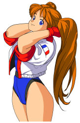 Rule 34 | 1girl, arms up, belt, blue eyes, blue leotard, brown hair, commentary request, cropped jacket, french flag, gloves, highres, jacket, leotard, long hair, namco, numan athletics, oggy (oggyoggy), red gloves, retro artstyle, sharon les halles, simple background, smile, solo, thighs, twintails, very long hair, white background, white jacket