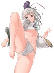 Rule 34 | &gt;:), 1girl, ass, bad id, bad twitter id, bare legs, barefoot, belly, blue eyes, breasts, cameltoe, closed mouth, commentary request, eyebrows, fundoshi, hat, highres, japanese clothes, knee up, long sleeves, looking at viewer, mononobe no futo, muchi maro, navel, no pants, ribbon-trimmed sleeves, ribbon trim, sidelocks, small breasts, smile, smug, solo, stomach, tate eboshi, thick eyebrows, touhou, underboob, upshirt, v, v-shaped eyebrows, white hair, wide sleeves