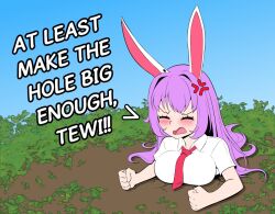 Rule 34 | anger vein, bmkro, breasts, english text, large breasts, rabbit ears, reisen udongein inaba, stuck, touhou, touhou (pc-98)