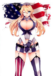 Rule 34 | 10s, 1girl, :p, ;), american flag, american flag legwear, bare shoulders, blonde hair, blue eyes, blue gloves, breasts, cleavage, curvy, elbow gloves, fingerless gloves, garter straps, gloves, hair between eyes, hat, highres, ichitaka, iowa (kancolle), kantai collection, large breasts, long hair, looking at viewer, miniskirt, navel, one eye closed, scan, shirt, sidelocks, skirt, smile, solo, star-shaped pupils, star (symbol), striped clothes, striped skirt, symbol-shaped pupils, thighhighs, tied shirt, tongue, tongue out, vertical-striped clothes, vertical-striped skirt, white gloves, wide hips