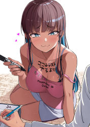 Rule 34 | 1girl, :3, bare shoulders, black hair, blush, body writing, bra, breasts, camisole, clothes writing, commentary request, english text, engrish text, floral print, heart, highres, holding, holding marker, holding pen, indoors, ishizaka ryuudai, large breasts, long hair, looking at viewer, marker, on floor, original, pen, pink shirt, ranguage, shirt, shorts, sidelocks, sitting, strap slip, surprised, sweatdrop, tan, translated, underwear, yokozuwari