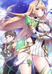 Rule 34 | 1boy, 1girl, armor, bare shoulders, blonde hair, blush, bodysuit, breasts, chest jewel, cleavage, dress, earrings, gem, gloves, hair ornament, headpiece, jewelry, large breasts, long hair, looking at viewer, mythra (xenoblade), nintendo, rex (xenoblade), short hair, shoulder armor, simple background, smile, swept bangs, takatun223, tiara, very long hair, xenoblade chronicles (series), xenoblade chronicles 2, yellow eyes