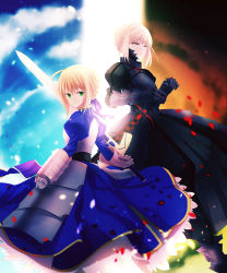 Rule 34 | 2girls, ahoge, armor, armored dress, artoria pendragon (fate), blonde hair, dress, dual persona, excalibur (fate/stay night), excalibur morgan (fate), fate/stay night, fate (series), faulds, glowing, glowing sword, glowing weapon, green eyes, highres, isozi, multiple girls, saber (fate), saber alter, sky, weapon, yellow eyes