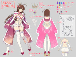 Rule 34 | 1girl, ahoge, armpits, ass, backless outfit, blush, bow, bowtie, breasts, brown hair, cape, chain, character sheet, cleavage, closed mouth, collarbone, color guide, concept art, crown, detached sleeves, floral print, flower, frilled thighhighs, frills, from behind, fur-trimmed cape, fur trim, gem, gold, gold chain, green eyes, grey background, groin, hair bow, heart, heart print, high heels, highres, hood, hood down, lace trim, large breasts, lingerie, long hair, looking at viewer, mini crown, multicolored bow, multicolored bowtie, multiple views, navel, official alternate costume, official art, pearl (gemstone), pink bow, pink bowtie, pink cape, purple gemstone, red footwear, revealing clothes, rose, rose print, see-through, senran kagura, senran kagura new link, shoulder blades, simple background, smile, standing, standing on one leg, thigh strap, thighhighs, translation request, turnaround, ui (senran kagura), underwear, white bow, white bowtie, white flower, white rose, white thighhighs, wrist bow, yaegashi nan, yellow bow, yellow bowtie