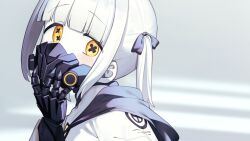 Rule 34 | 1girl, black mask, blue archive, blunt bangs, colored skin, commentary request, ein (blue archive), extra pupils, highres, looking at viewer, mechanical hands, medium hair, portrait, respirator, signalviolet, solo, symbol-shaped pupils, twintails, upper body, white hair, white skin, x-shaped pupils, yellow eyes