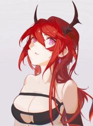 Rule 34 | 1girl, arknights, bandeau, bare shoulders, breasts, cleavage, cleavage cutout, clothing cutout, commentary, earrings, grey background, hair between eyes, highres, horns, jewelry, large breasts, long hair, looking at viewer, purple eyes, red hair, simple background, solo, strapless, surtr (arknights), tube top, upper body, yoofei