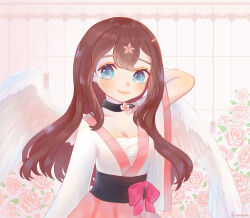 Rule 34 | 1girl, angel, angel wings, arm behind head, art trade, artist name, asymmetrical hair, black choker, black sash, blue eyes, borrowed character, bow, breasts, brown hair, cherry blossoms, chest sarashi, choker, cleavage, closed mouth, commentary, english commentary, eyelashes, feathered wings, floral background, flower, flower choker, hakama, japanese clothes, kikkidream, kimono, leaf, long hair, long sleeves, looking at viewer, medium breasts, orange lips, original, pink background, pink bow, pink flower, pink hakama, pink rose, pink skirt, pink trim, rose, sarashi, sash, skirt, smile, solo, upper body, waist bow, white kimono, white wings, wide sleeves, wings