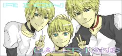Rule 34 | 3boys, aqua eyes, blonde hair, character name, copyright name, double v, galerians, happy, looking at viewer, male focus, multiple boys, rion (galerians), short hair, simple background, smile, tagme, v, white background