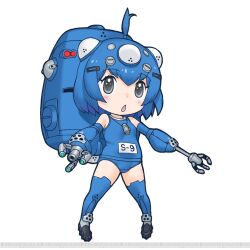 Rule 34 | 1girl, blue hair, ghost in the shell, grey eyes, highres, kemono friends, looking at viewer, official art, short hair, solo, tachi-e, tachikoma type-a (kemono friends), weapon, yoshizaki mine