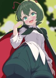 Rule 34 | 1girl, :d, absurdres, antennae, baggy shorts, black cape, blue shorts, blush, breasts, cape, fang, from below, green eyes, green hair, hand in own hair, happy, highres, long sleeves, nara (gsx250r anzio), open mouth, red cape, shirt, short hair, shorts, small breasts, smile, solo, touhou, two-sided cape, two-sided fabric, white shirt, wriggle nightbug