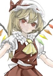 Rule 34 | 1girl, ascot, blonde hair, closed mouth, cowboy shot, crystal wings, flandre scarlet, hat, hat ribbon, oyasumichu, red eyes, red ribbon, ribbon, side ponytail, simple background, solo, touhou, white background, white mob cap, yellow ascot