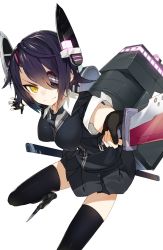 Rule 34 | 10s, 1girl, arm up, black hair, black thighhighs, blush, breasts, dual wielding, eyepatch, fingerless gloves, gloves, headgear, holding, kantai collection, karei (hirameme), large breasts, open mouth, personification, purple hair, school uniform, short hair, skirt, smile, solo, sword, tenryuu (kancolle), thighhighs, weapon, yellow eyes