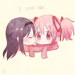 2girls :o akemi_homura aroze black_hairband closed_eyes commentary_request english_text grey_hair hair_ribbon hairband head_only kaname_madoka kiss kissing_cheek light_blush long_hair mahou_shoujo_madoka_magica mahou_shoujo_madoka_magica_(anime) multiple_girls parted_lips pink_eyes pink_hair red_ribbon red_scarf ribbon scarf shared_clothes shared_scarf short_hair short_twintails signature simple_background tareme twintails yellow_background yuri