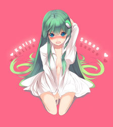 Rule 34 | 1girl, between legs, blue eyes, blush, breasts, character name, cleavage, covering crotch, covering privates, female focus, frog hair ornament, green hair, hair ornament, hand between legs, hand on own head, heart, highres, kochiya sanae, kunreishiki, long hair, looking at viewer, midriff, naked shirt, open clothes, open mouth, open shirt, pink background, romaji text, shirt, simple background, sitting, small breasts, snake, solo, touhou, tsukimoto aoi, very long hair