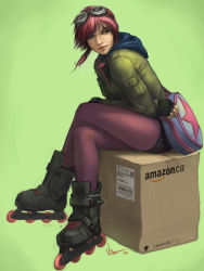 Rule 34 | 1girl, amazon (company), bag, blue eyes, box, cardboard box, coat, crossed legs, face, goggles, goggles on head, highres, inline skates, lips, looking back, non-web source, on box, pantyhose, pantyhose under shorts, pink hair, pink pantyhose, ramona flowers, ramona flowers, realistic, roller skates, scott pilgrim (series), short hair, shorts, sidelocks, sitting, skates, solo, usps, viet nguyen, wind