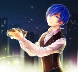 Rule 34 | 1boy, bartender, blue eyes, blue hair, blue nails, cityscape, closed mouth, hair between eyes, highres, kaito (vocaloid), looking at viewer, male focus, matcha (higashiya0401), nail polish, night, project diva (series), shirt, short hair, sky, smile, solo, sparkle, standing, upper body, vocaloid, waistcoat, white shirt