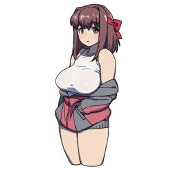 Rule 34 | 1girl, :o, bow, breasts, brown hair, covered erect nipples, cowboy shot, cropped legs, girls und panzer, hair bow, highres, jacket, jacket partially removed, kondou taeko, large breasts, long hair, looking at viewer, onsen tamago (hs egg), red bow, simple background, solo, white background