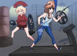 Rule 34 | 2girls, bare shoulders, black gloves, blonde hair, blue leggings, blue pants, braid, breasts, brown hair, centurii-chan, centurii-chan (artist), collarbone, commentary, contemporary, dumbbell, english commentary, exercising, fingerless gloves, full body, gloves, gym, headdress, helmet, highres, hood, hoodie, hoplite, hoplite (centurii-chan), indoors, leggings, legionnaire, long hair, medium breasts, medium hair, multiple girls, open mouth, original, owl print, pants, print legwear, red hoodie, red pants, red shorts, scene reference, shoes, short shorts, shorts, sneakers, sports bra, sportswear, toned, treadmill, weightlifting